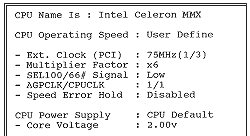 Detalle de la BIOS; configuración manual de una CPU a 450 MHz (6x75) mediante el CPU SoftMenu II