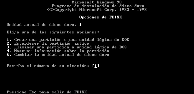 Pantallazo del men principal de FDISK