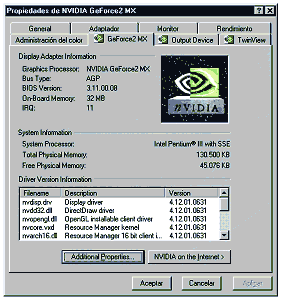 Pantallazo de los drivers Detonator 3 de NVIDIA