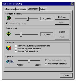 Pantalla de overclocking ('Desempeo') del PwerStrip
