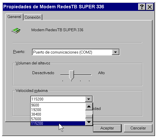 Pantallazo de la configuración de un módem 33.600 en Windows 98