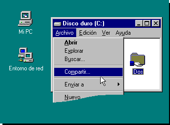 Detalle del Explorador de Windows 95 mostrando cómo compartir una carpeta