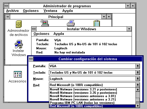 Pantallazo de Windows 3.1 mostrando parte del soporte para redes incorporado (bastante más escaso que el de Windows 95 o Windows 3.11 para Grupos)