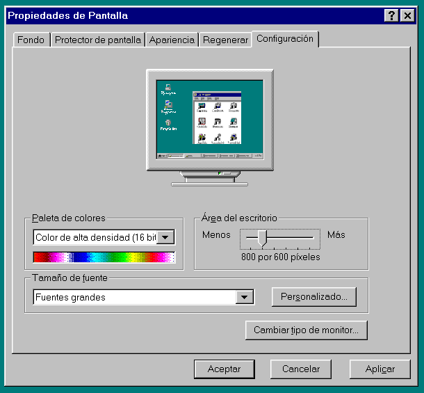 Pantallazo de la pestaa de Configuración de las Propiedades de Pantalla