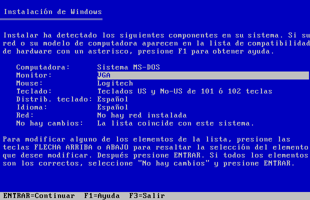 Pantallazo de la pantalla principal de instalación y configuración de Windows 3.x
