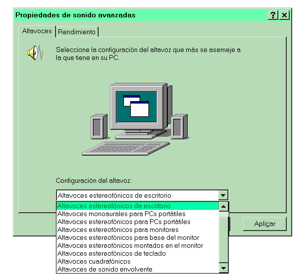 Pantallazo de la configuracin en el Panel de Control de Windows de unos altavoces estreo