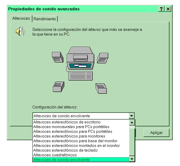 Pantallazo de la configuracin en el Panel de Control de Windows de 4 altavoces de sonido envolvente