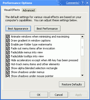 Configuracin de los efectos visuales en Microsoft Whistler 5.01.2416