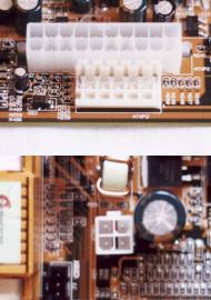 Conectores de alimentacin de la DFI WT70-EC - Arriba, el principal y el de apoyo de 6 pines; abajo, el conector de 12 V de 4 pines